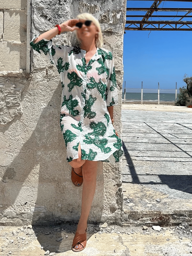 Women's Contrast Floral Button Cotton And Linen Dress