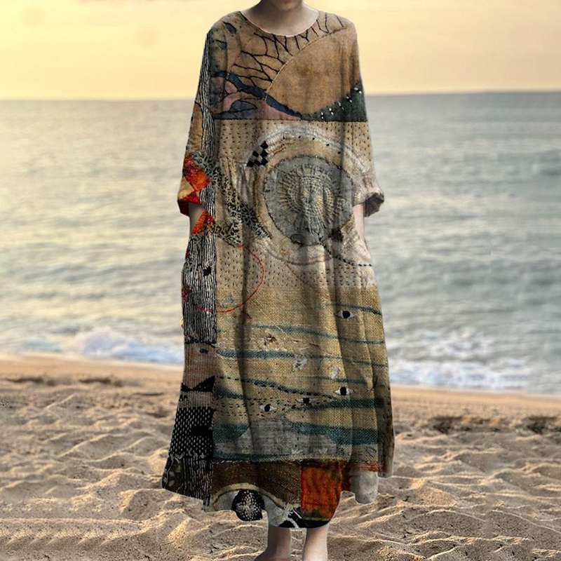 Vintage Stitching Embroidery Pattern Women's Linen Maxi Dress