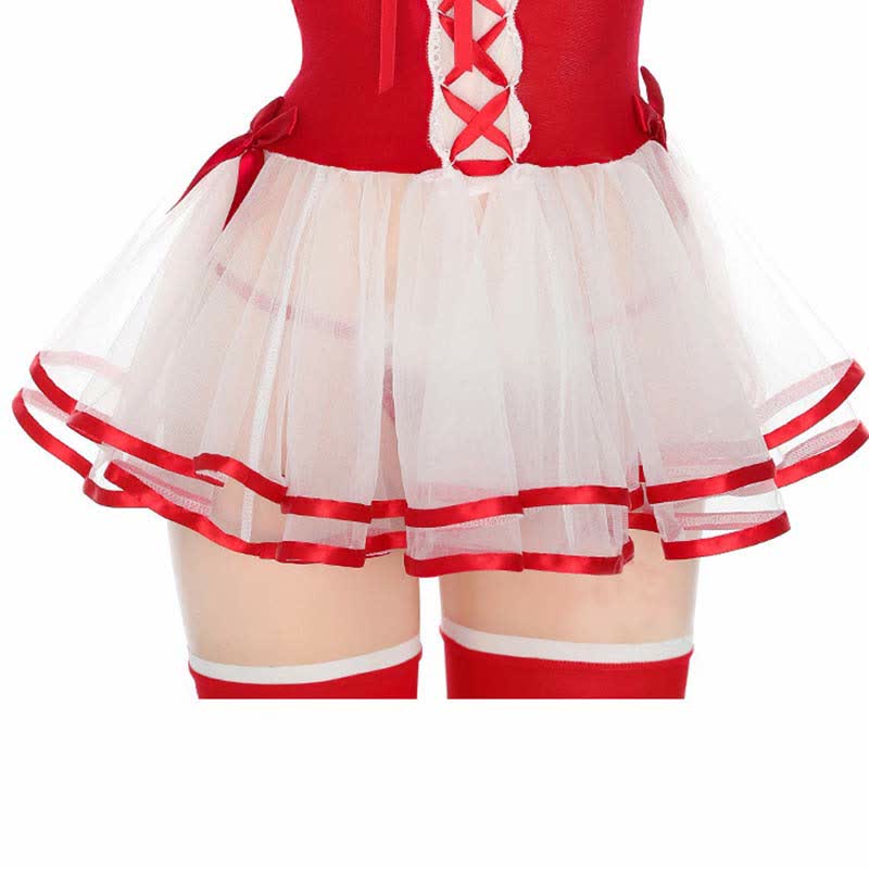 Lace Up Colorblock Ruffled Mesh Dress Lingerie Stockings Set