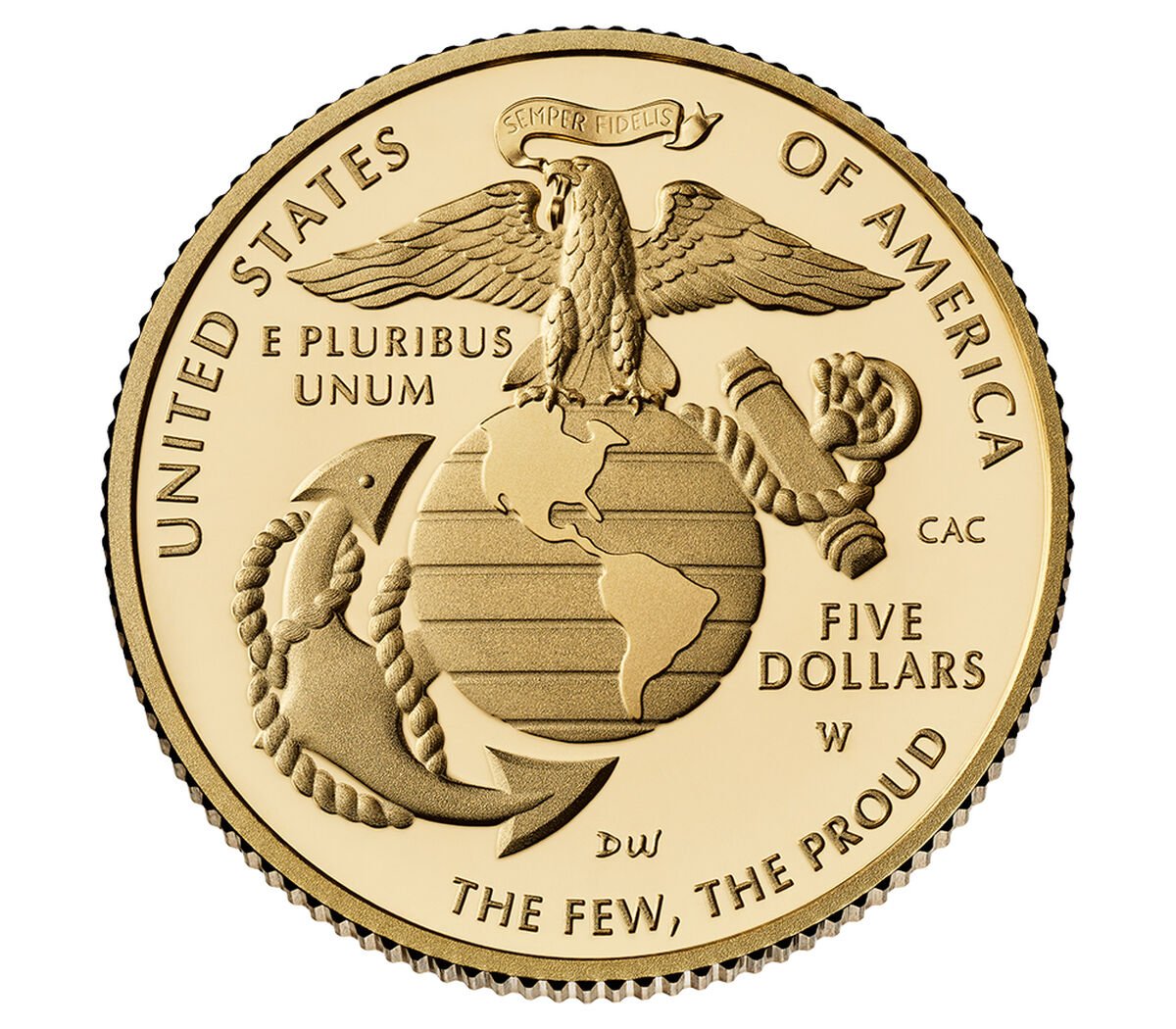2025 W U.S. Marine Corps USMC 250th Anniversary $5 Commemorative Gold, First Strike PCGS MS70