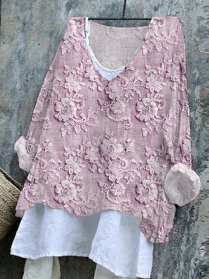 Women's Cotton And Linen Embroidered Printed V-Neck Top