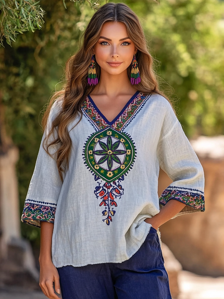 Women's Vintage Hippie Floral Linen Long Sleeve T-shirt