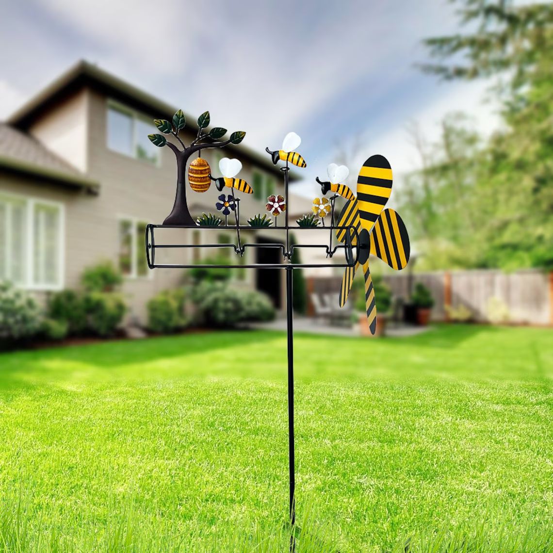 Wrought Iron Windmill Turning Small Bee Garden Stake