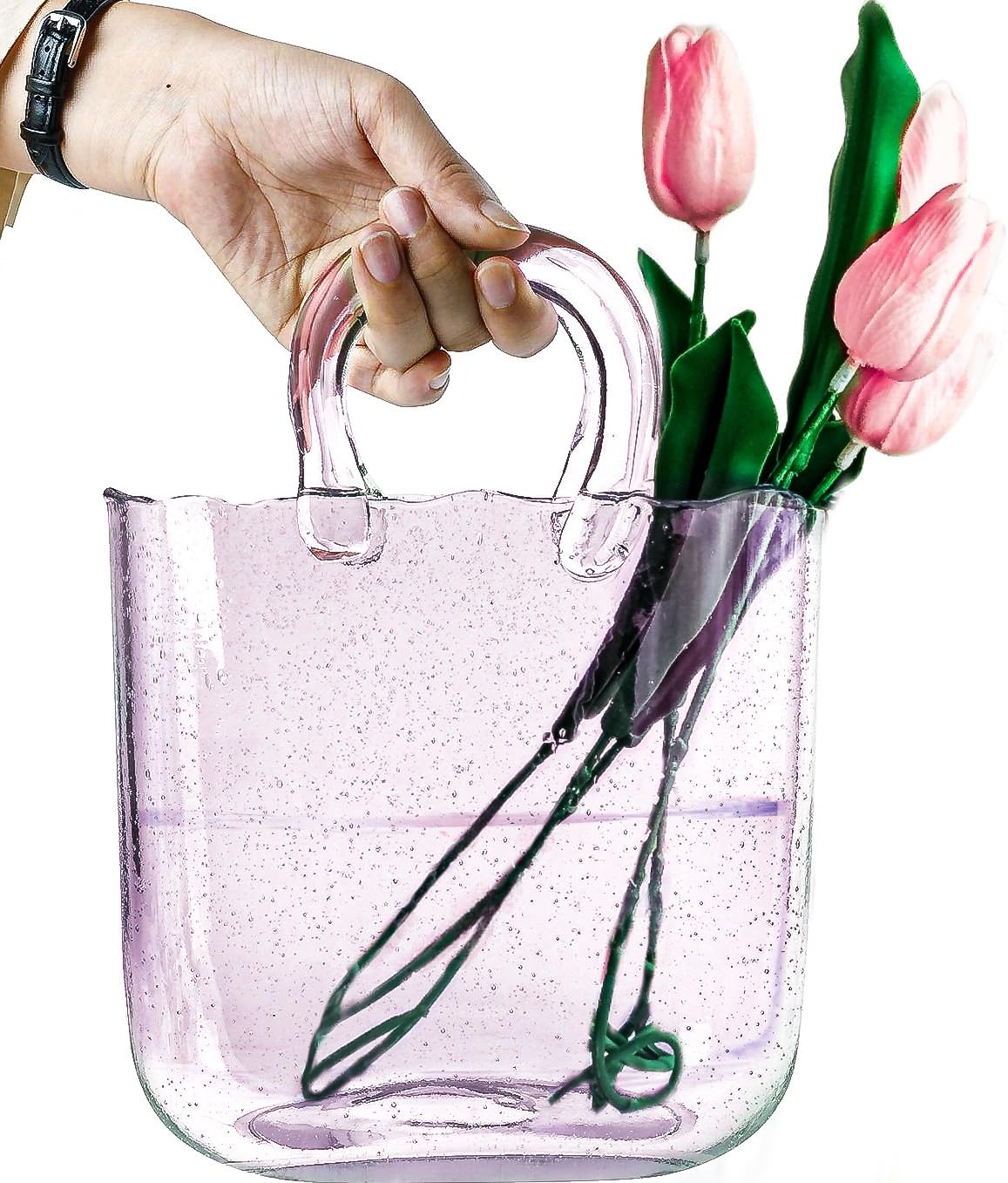 (Handmade) Pink Glass Bag vase -10 Inches- Clear