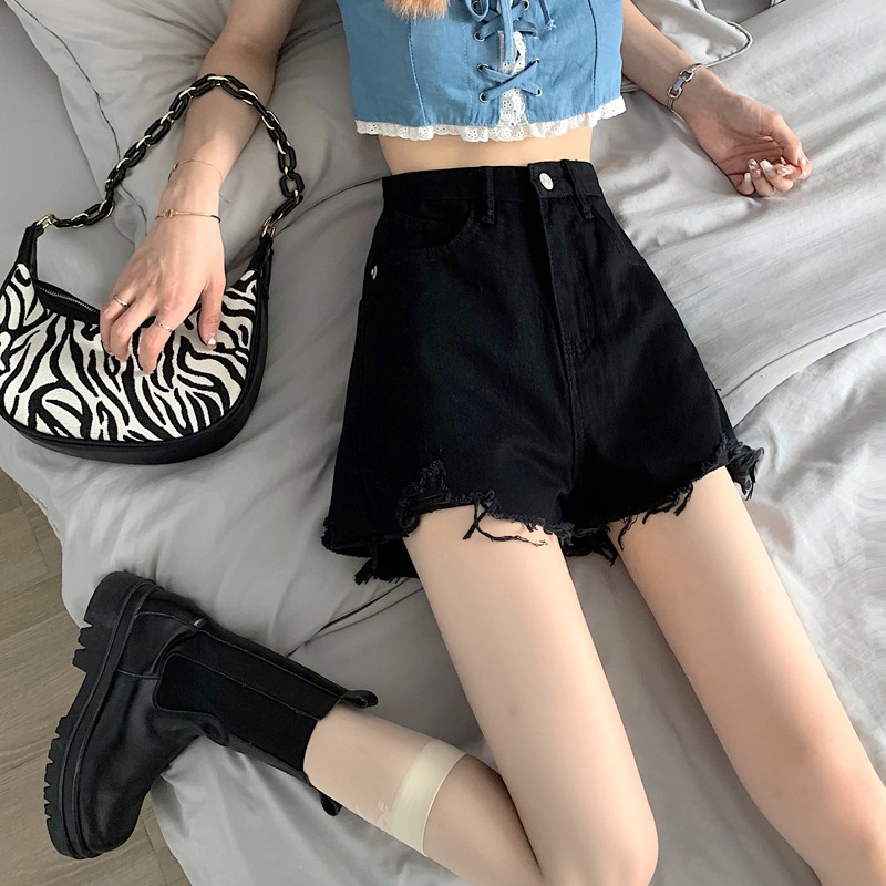 Ripped high-waisted skinny hot pants spicy broad leg jeans