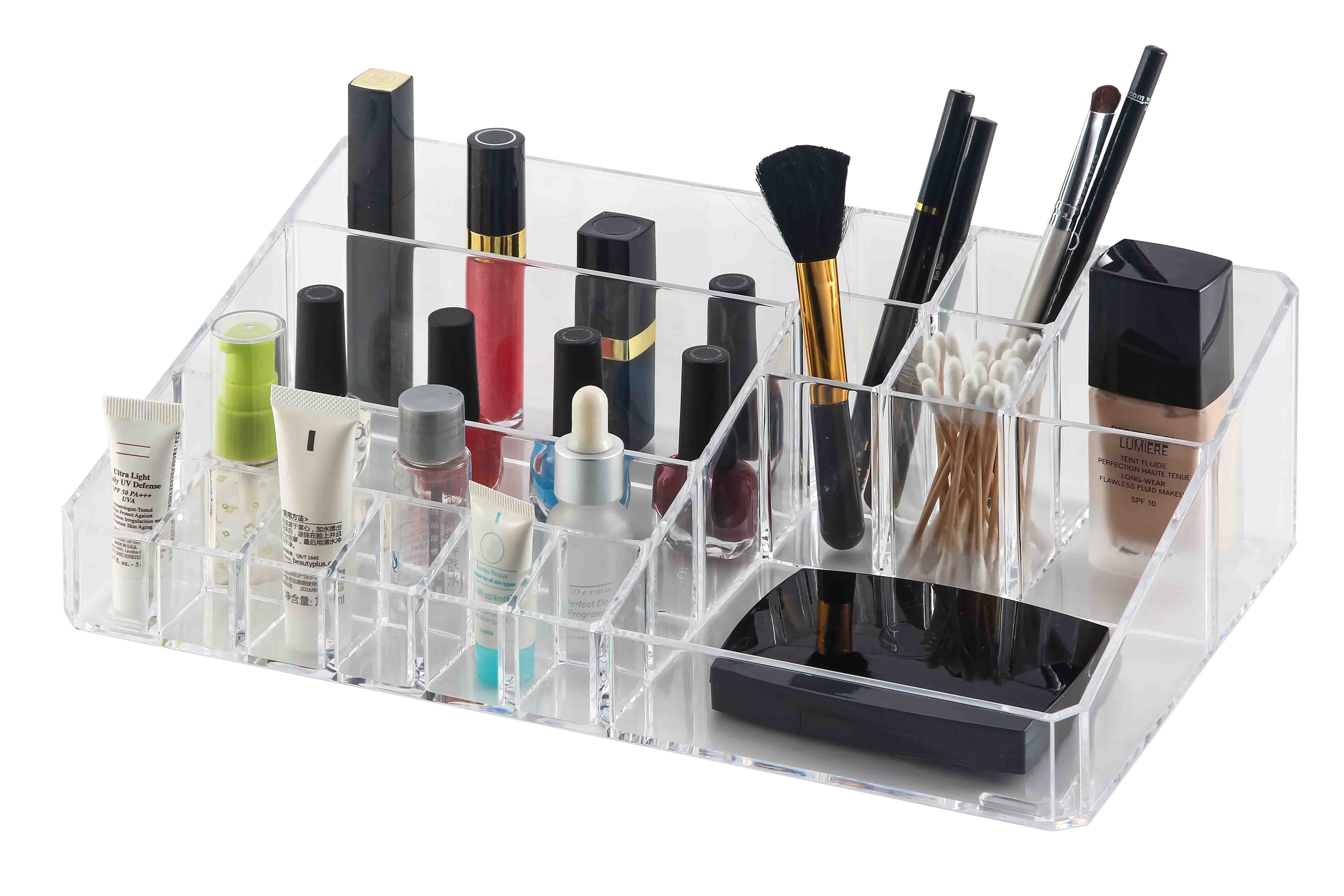 Home Basics Make-Up Tray With Lip Stick Holder, 20 Compartments, Clear, 12.75x3.5x8 Inches