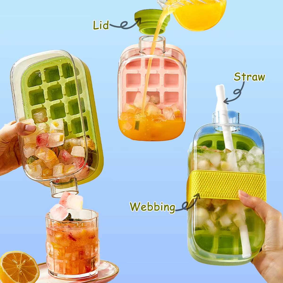 2-in-1 Ice Cube Water Bottle - Freeze & Sip with Touch-Free Release with Lid, Straw & Ice Bin