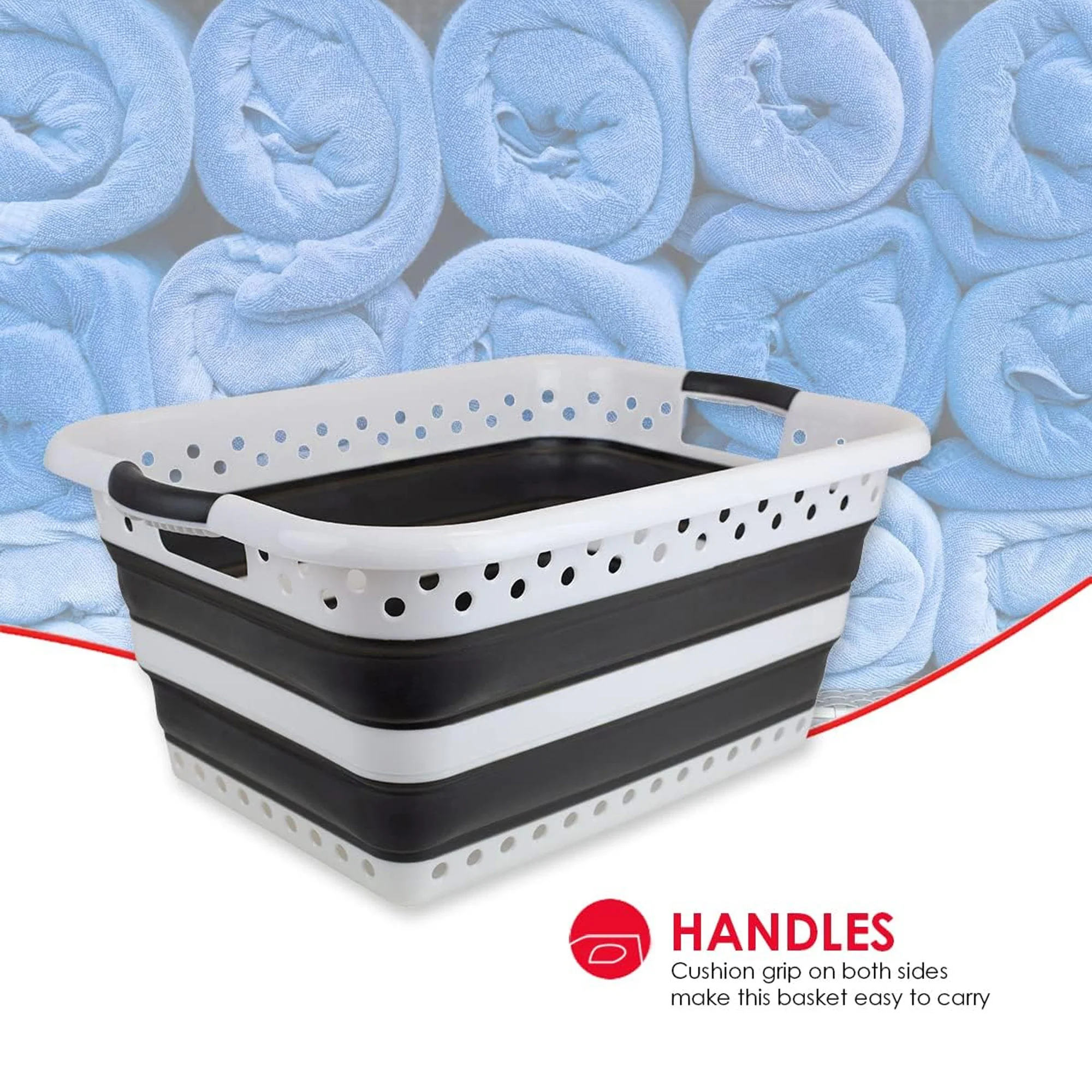 Home Basics Plastic Collapsible Laundry Basket with Handles, Dark Grey, 24x17x3.75 - 11 Inches