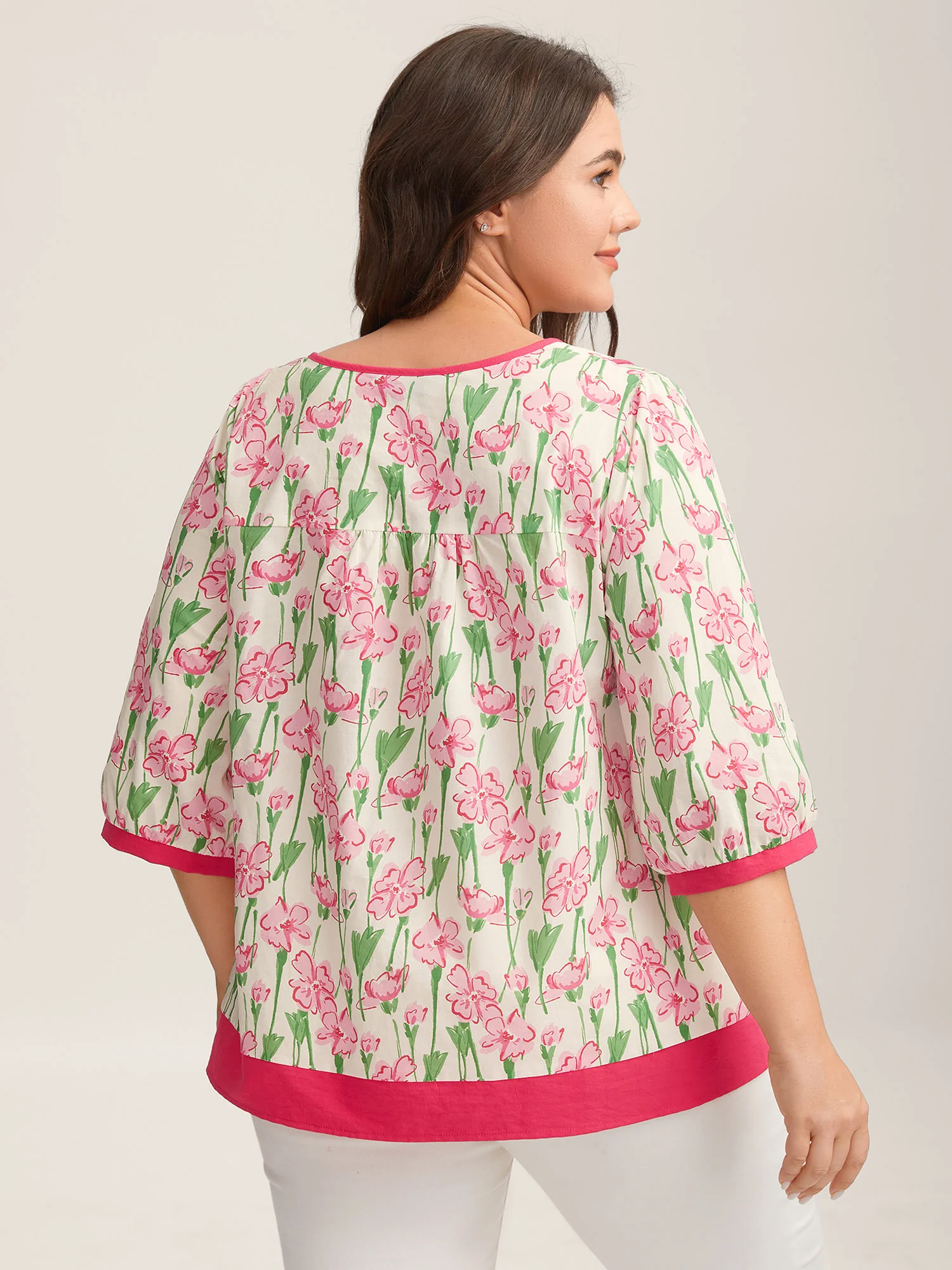 Blushing Floral Print Seamed Contrast Blouse