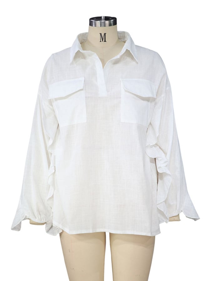 Women's Solid Color V-Neck Ruffled Sleeve Design Casual Cotton And Linen Shirt