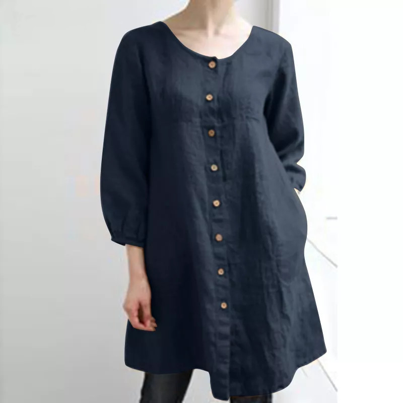 Solid Color Round Neck Button Casual Shirt