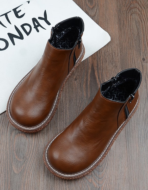 Smooth Leather Retro Wedge Boots