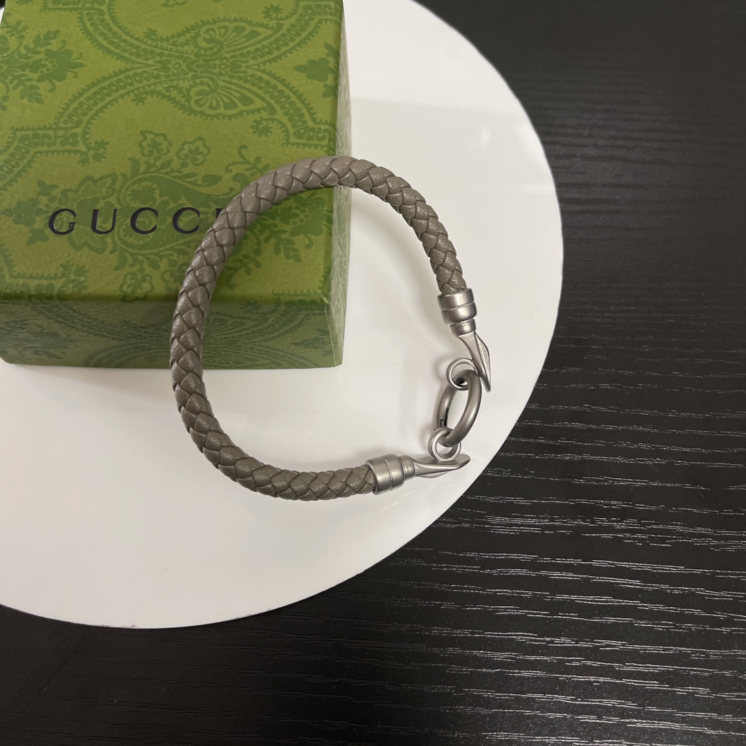 Gucci Grey Braided Leather Bracelet