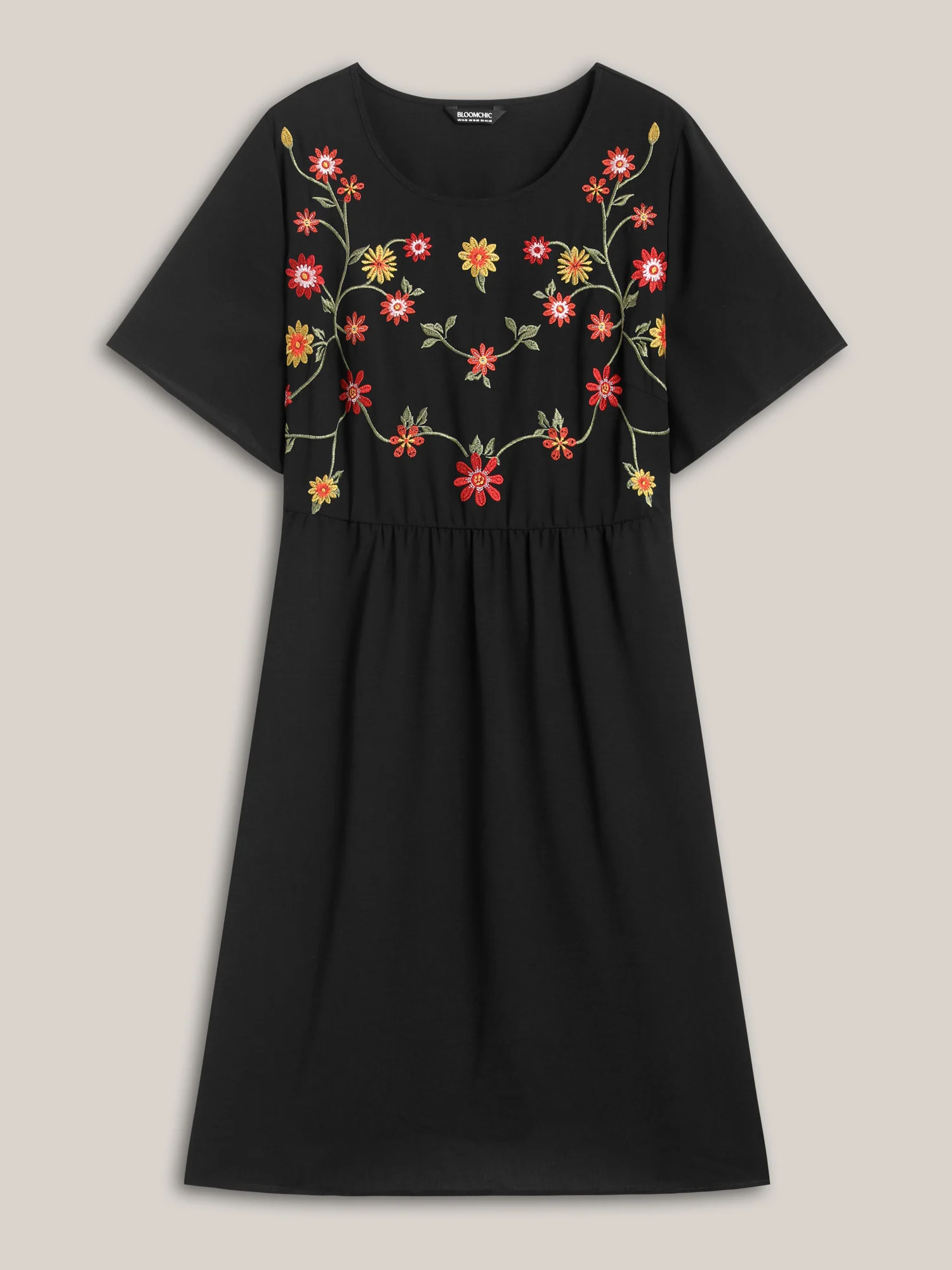 Floral Embroidered Waist-Cinched Midi Dress