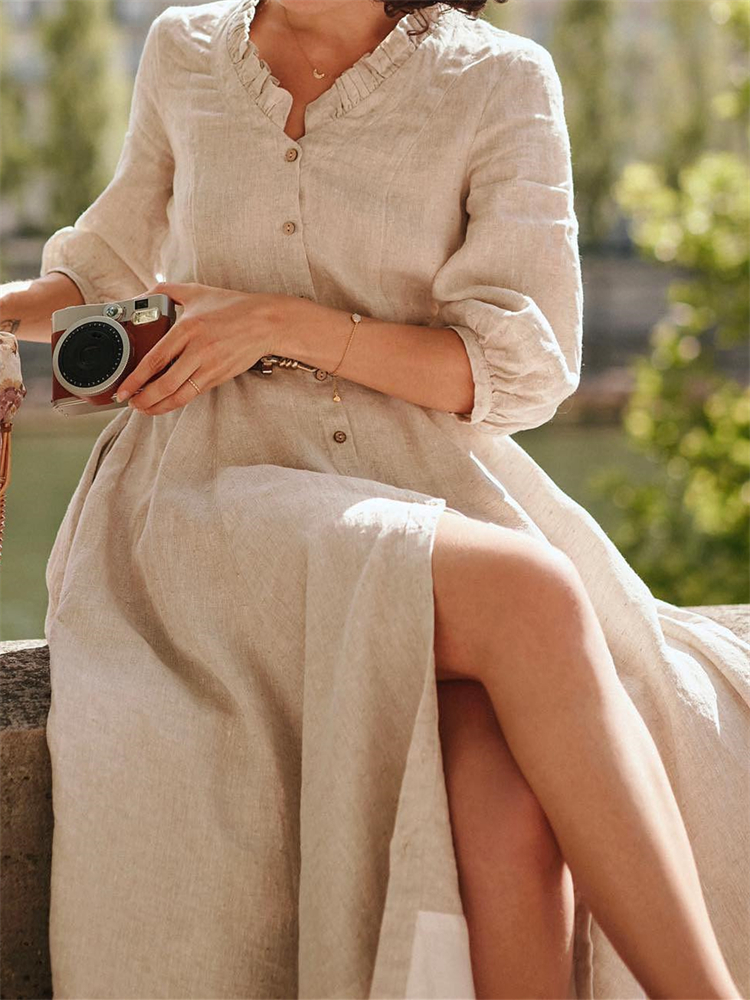 Vintage Classy Ruffle Hem Puff Sleeve Maxi Dress