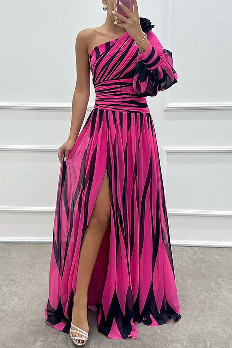Elegant Striped One Shoulder Maxi Dress