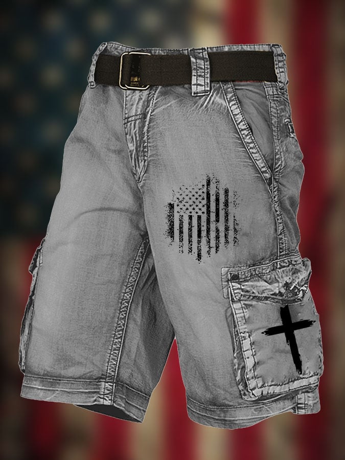 Men's Flag Cross Print Pocket Cargo Shorts