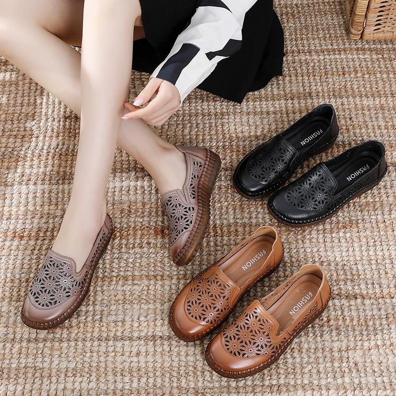 Genuine Leather Round Toe Flats Ladies Shoes for Bunions