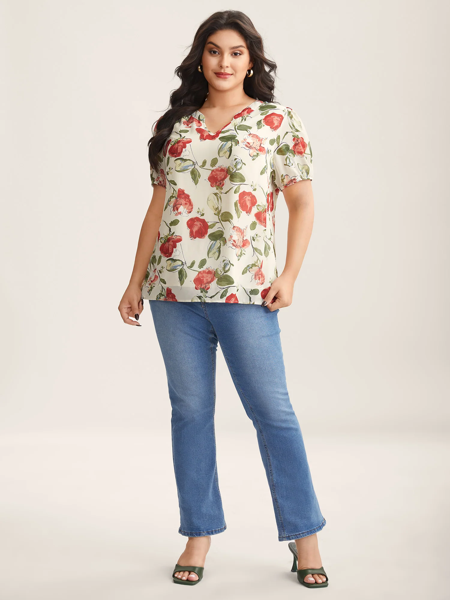 Rosy Print Sheer Notched Collar Blouse