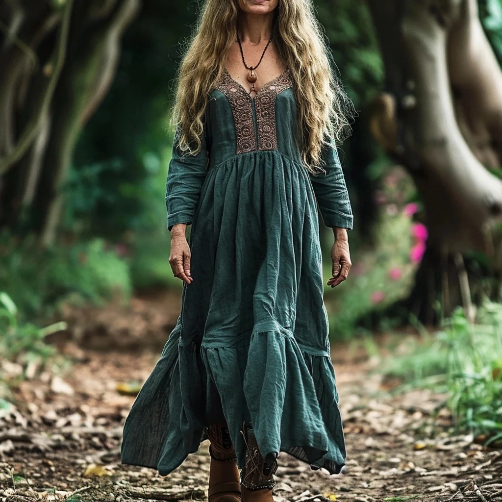 Women's Vintage Boho Linen Blend Ethnic Midi Dress