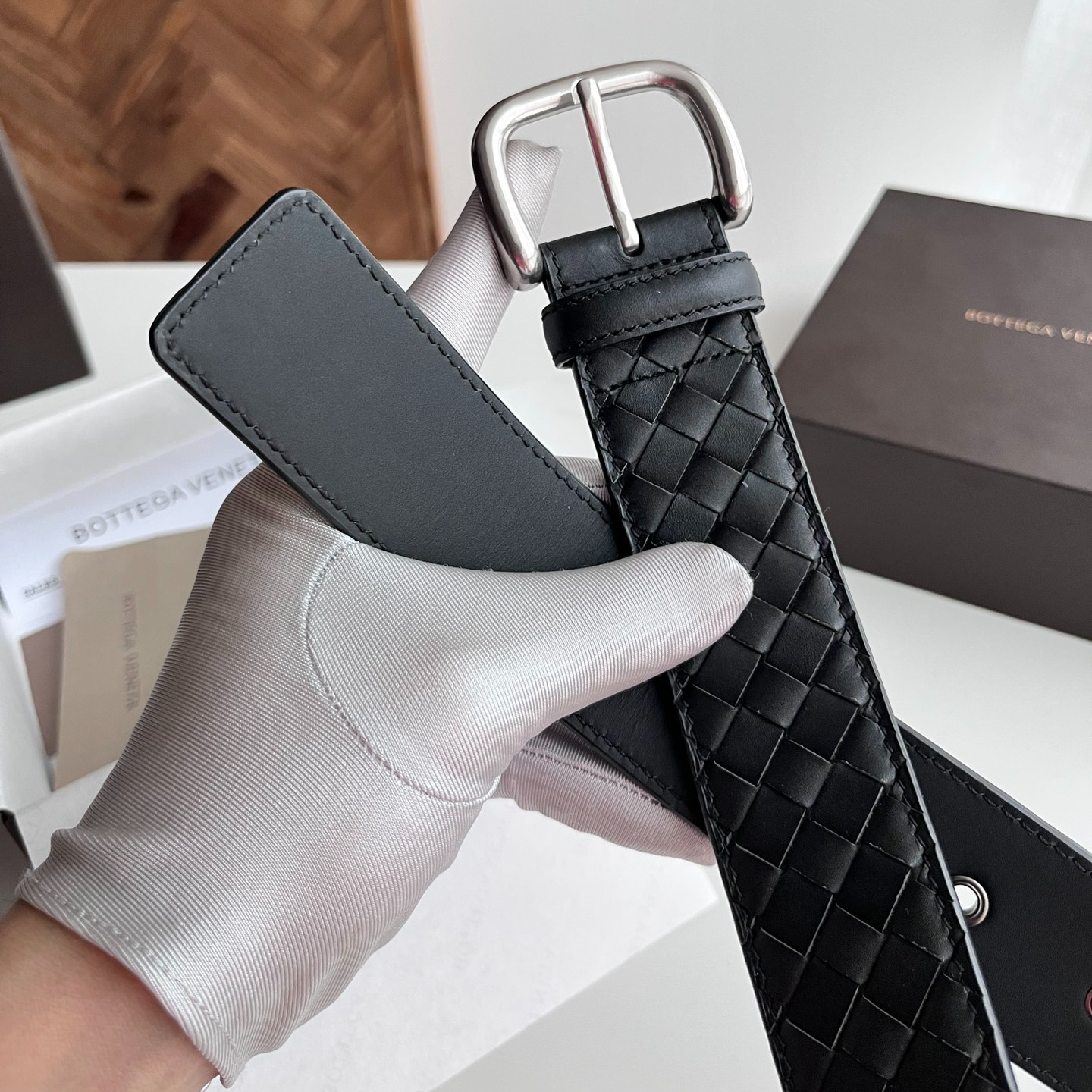 Bottega Veneta intreccio woven cowhide double-sided belt width 4.0cm