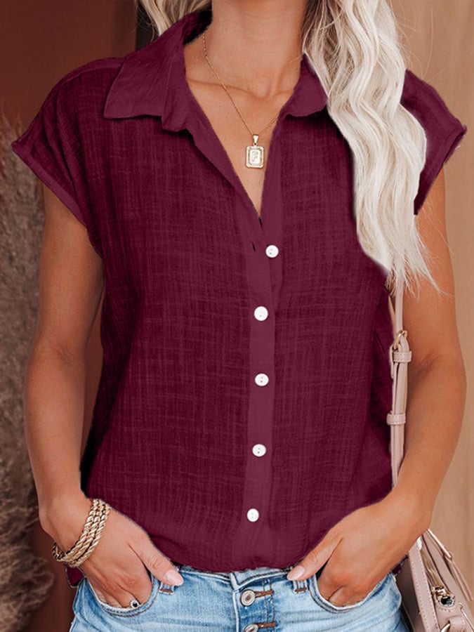 Ladies Cotton Linen Casual Solid Color Single Breasted Shirt