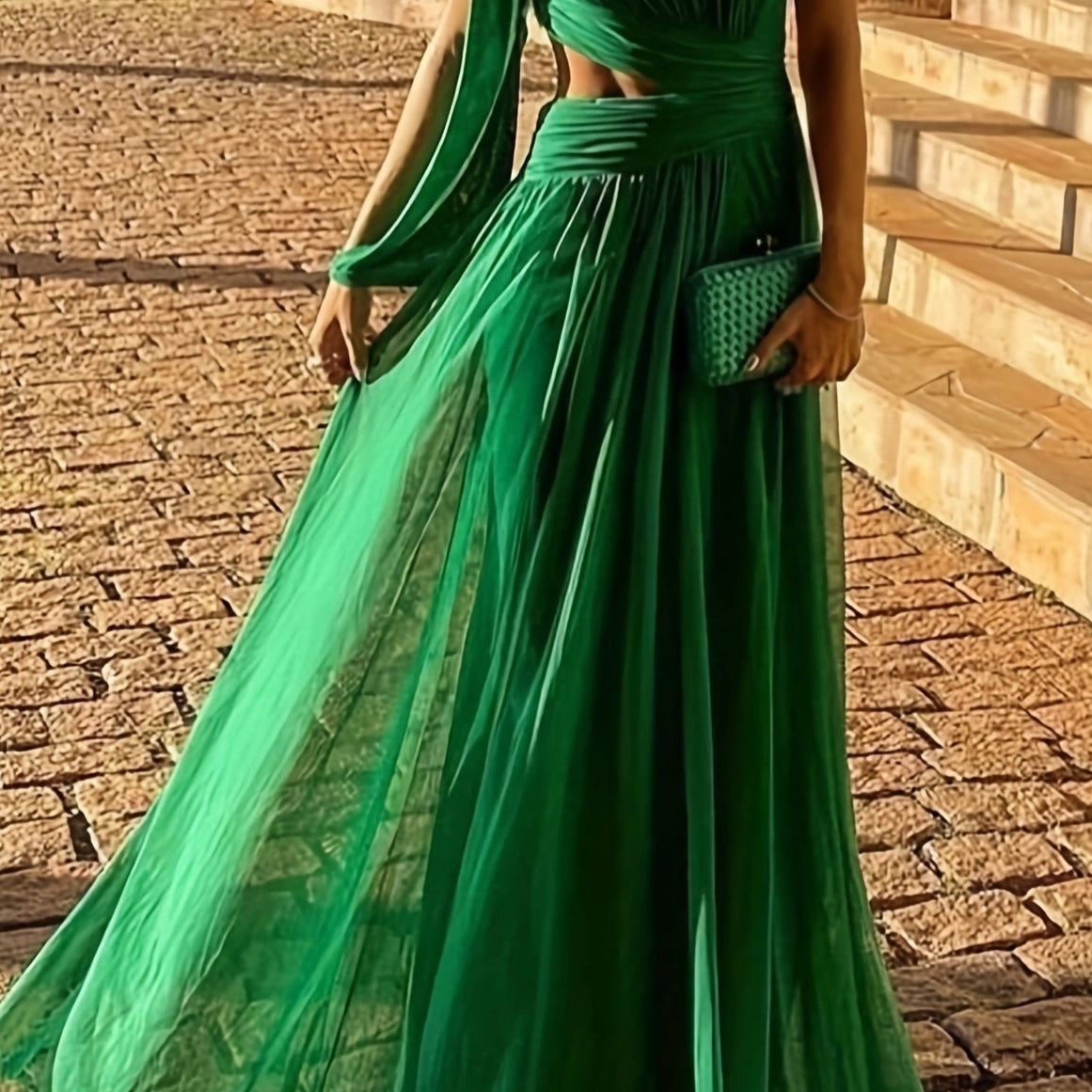 Elegant Solid Color One-Shoulder Midriff Dress for Spring and Summer – Slim Fit Long Dress