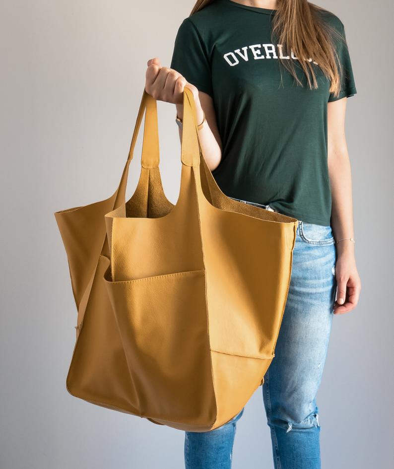 COGNAC LEATHER TOTE bag, Slouchy Tote, Cognac Handbag for Women, Every Day Bag, Women leather bag, Weekender Oversized bag