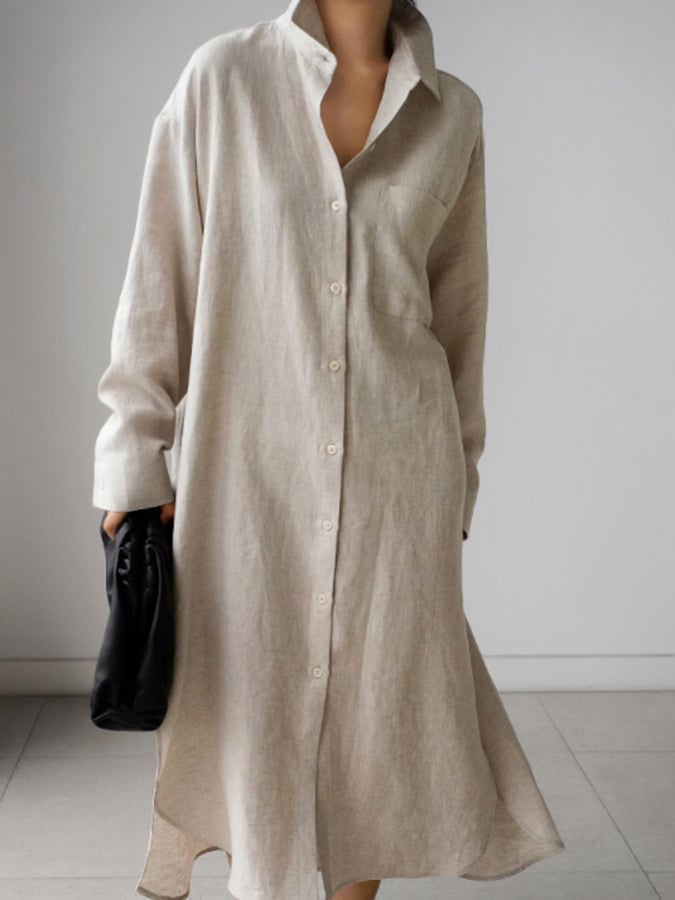 Women's Solid Color Single-Breasted Mid-Length Loose Cotton And Linen Casual Dress