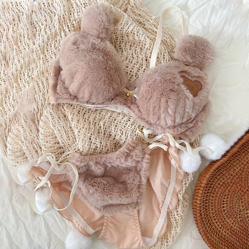 Bear Embroidery Lace Up Lingerie Set