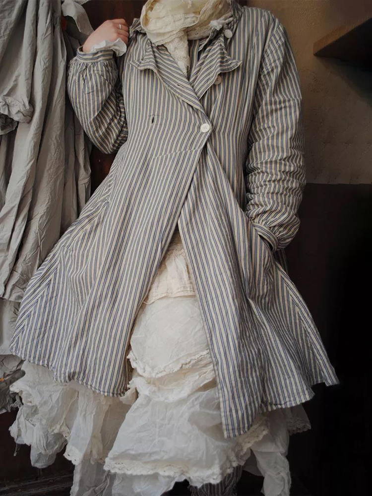 Vintage Striped Fold Over Collar Button Loose Coat