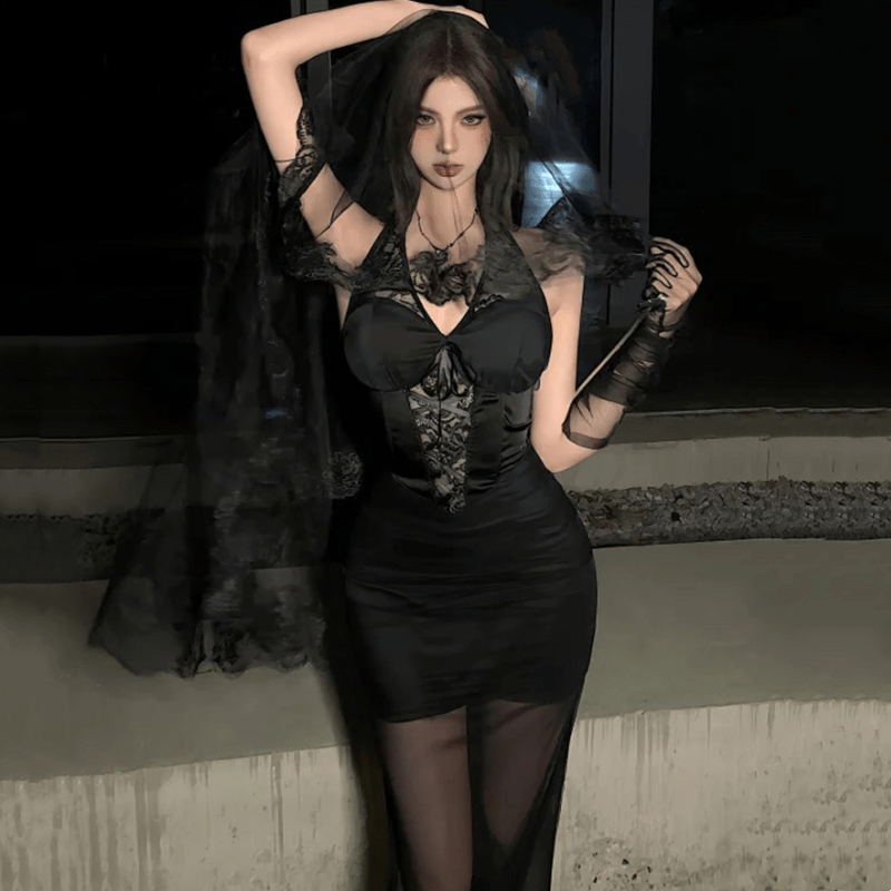 Hollow Out Lace See-through Veil Lingerie Dress