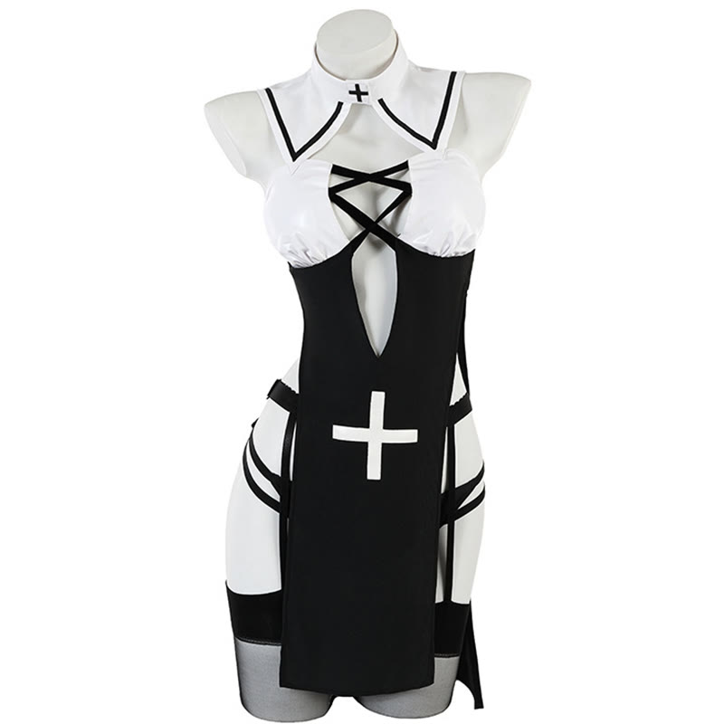 Nun Cross Hollow Out Slit Lingerie Dress Set