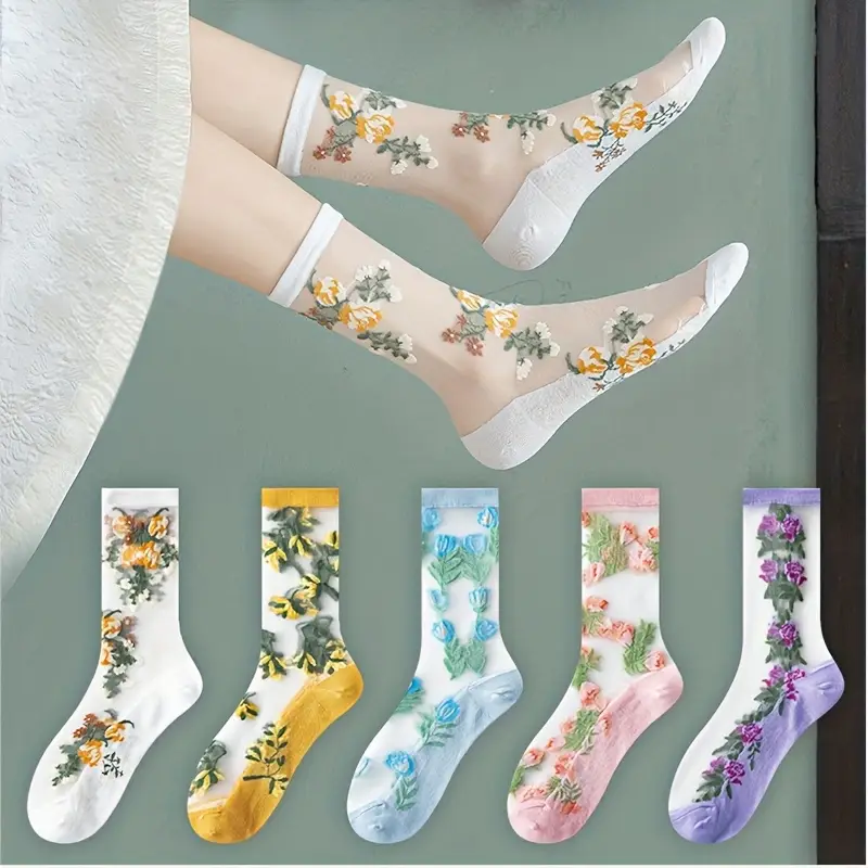 ( Last Day Promotions-50% OFF) 5pairs/Set Floral Embroidery Lace Ankle Socks--Size Fit ALL Ldies and Girls