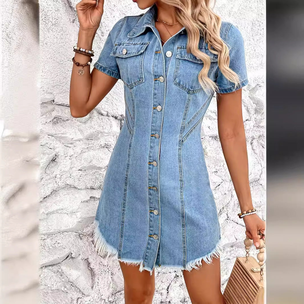 Retro Cinched Slimming Short Sleeves Denim Dress for women, perfect for casual summer outings with its stylish collar and pockets
