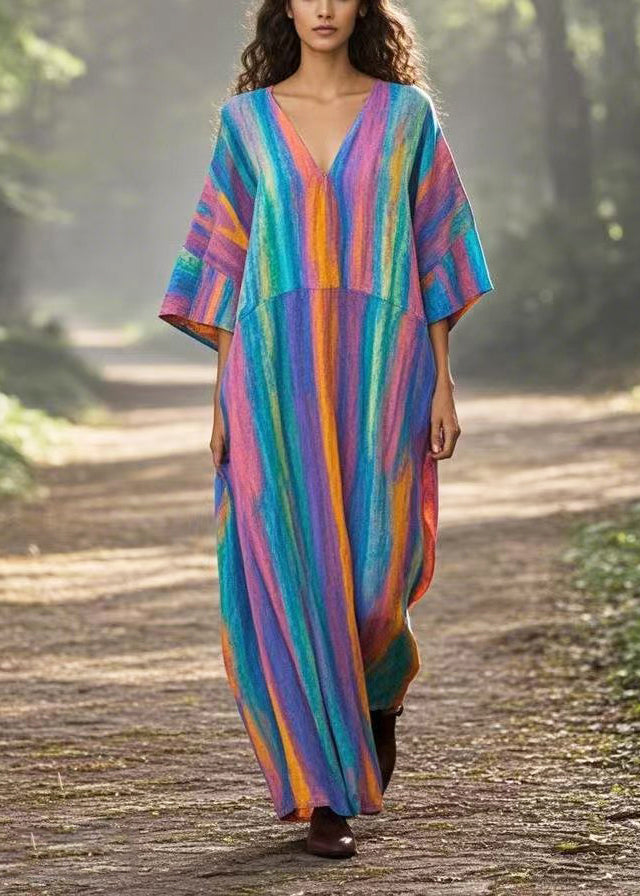 Vintage Rainbow Oversized Tie Dye Cotton Maxi Dresses Summer