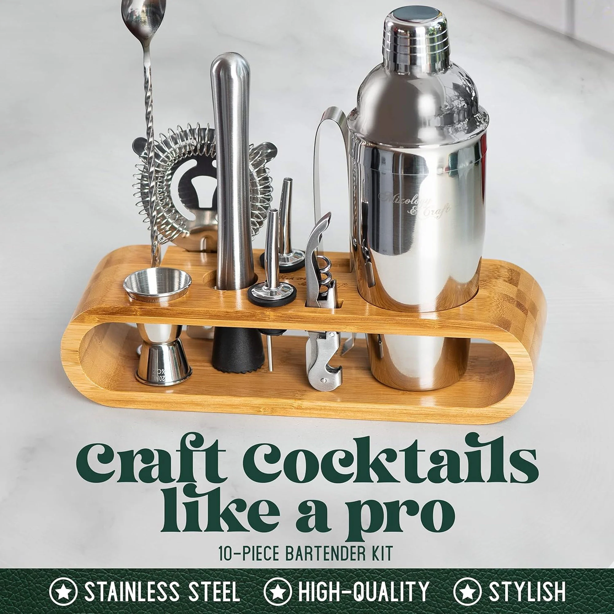 Mixology & Craft 10 Piece Bartender Kit Bar Tool Set with Bamboo Stand, Silver, 2.8 Ounces