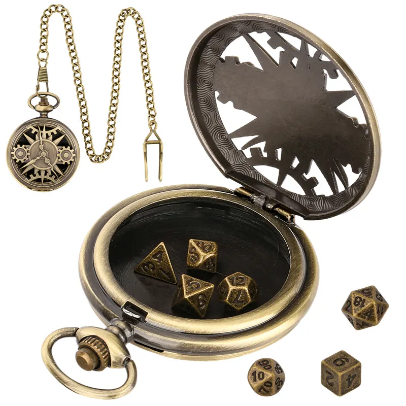 Steampunk Hollow Gear Cover Pocket Watch Case with 7pcs/set Metal Polyhedral Dices Pendant FOB Chain Gaming Accessory Gift