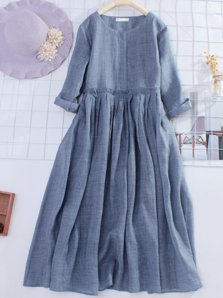 Solid Color Pleated Crew Neck Pocket Midi Dress