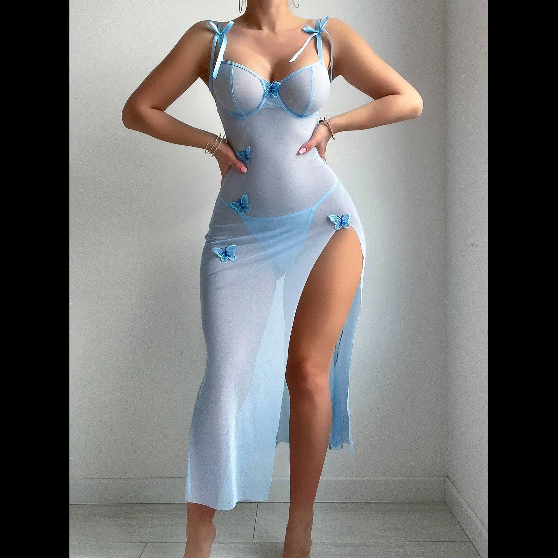 Sexy see-through mesh seductive lace backless high slit light blue lingerie slip dress