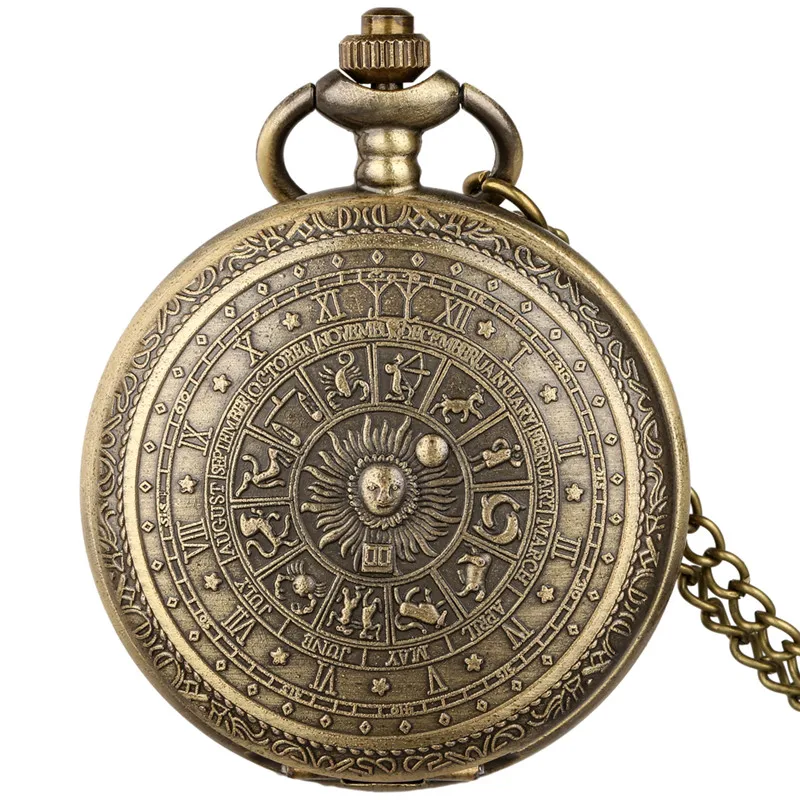 Bronze Engraved Constellation Full Hunter Antique Quartz Pocket Watch for Men Women Necklace Pendant Chain Collectable Timepiece