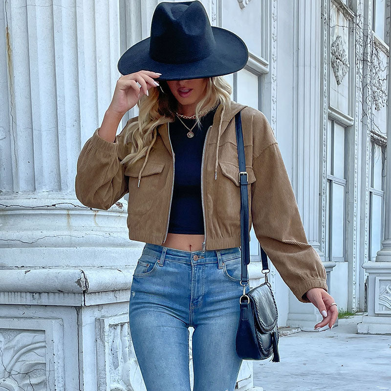 Solid Color Hooded Corduroy Jacket for Women