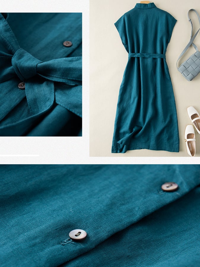 Women's Solid Color Lapel Sleeveless Artistic Retro Cotton And Linen Casual Dress