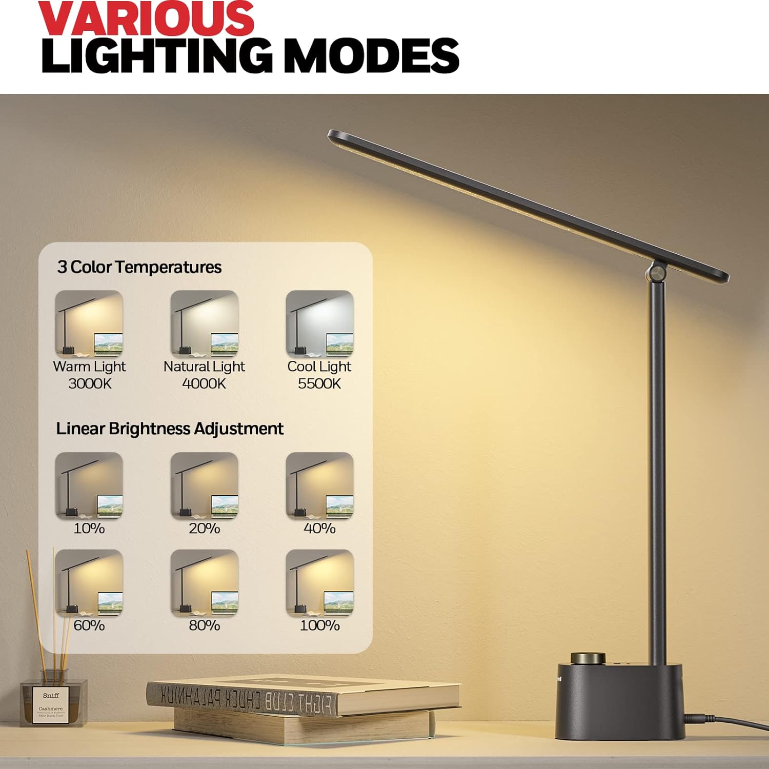 Honeywell Desk Lamp Home Office - LED Lighting with Charging Station A+C USB Port for Small Spaces Bedroom Reading Crafts HWT-H01 Black