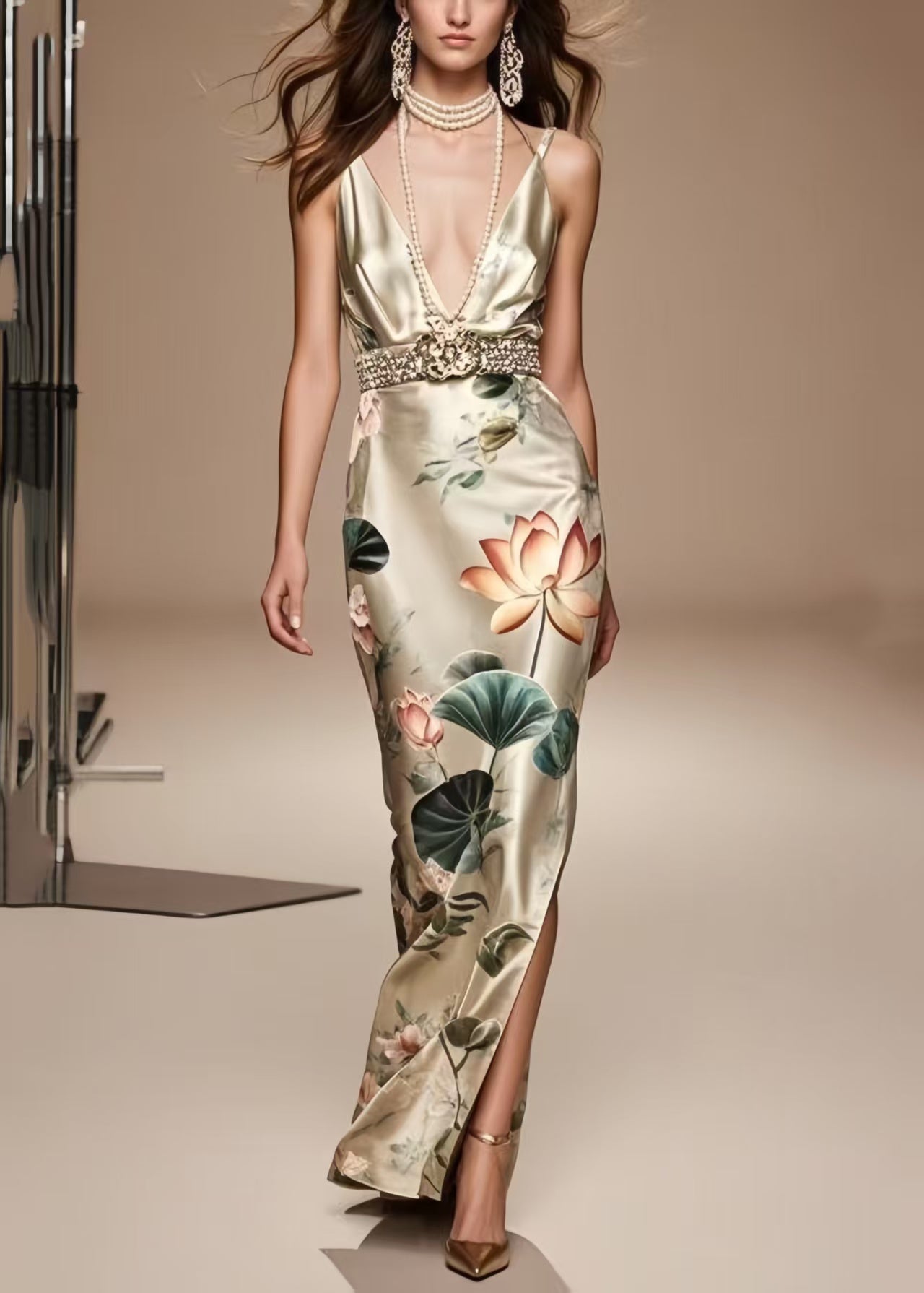 French Champagne Print Side Open Silk Tunic Dress Summer