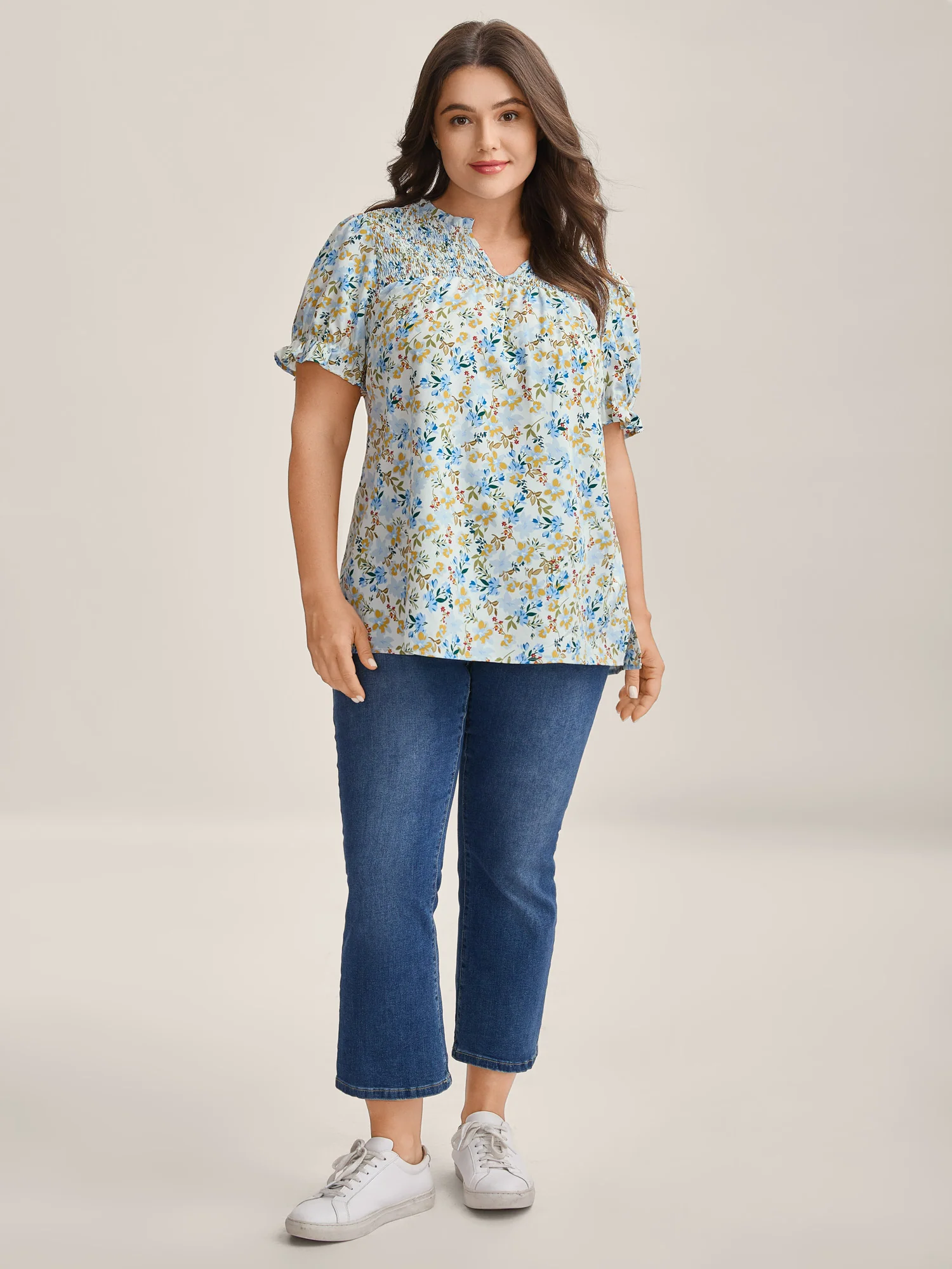 Floral Print Shirred Neck Blouse