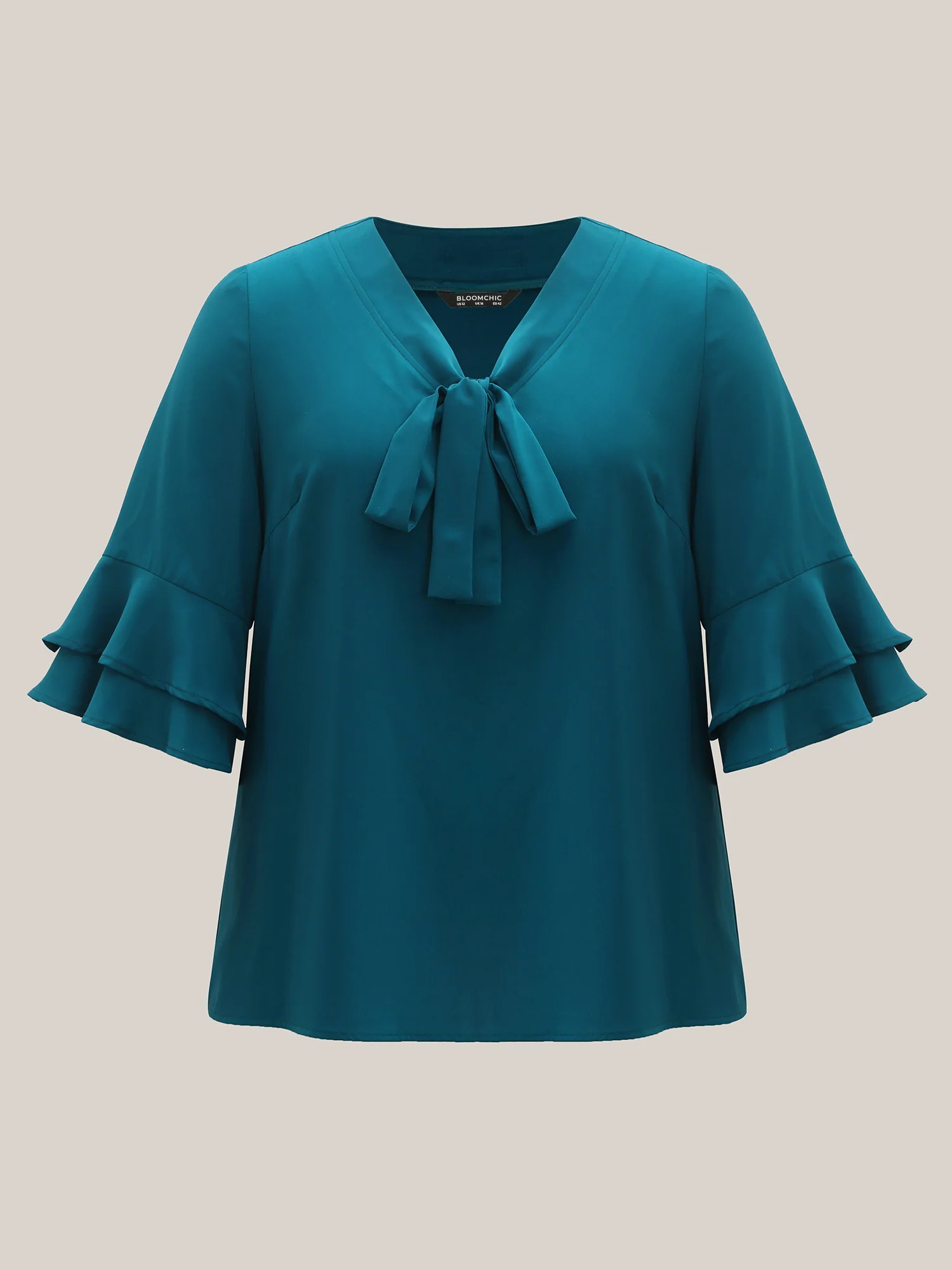 Ribbon Collar Double Lotus Sleeve Blouse