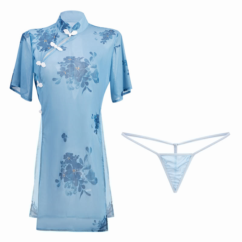 Vintage Flower Print See-through High Waist Slit Cheongsam Lingerie