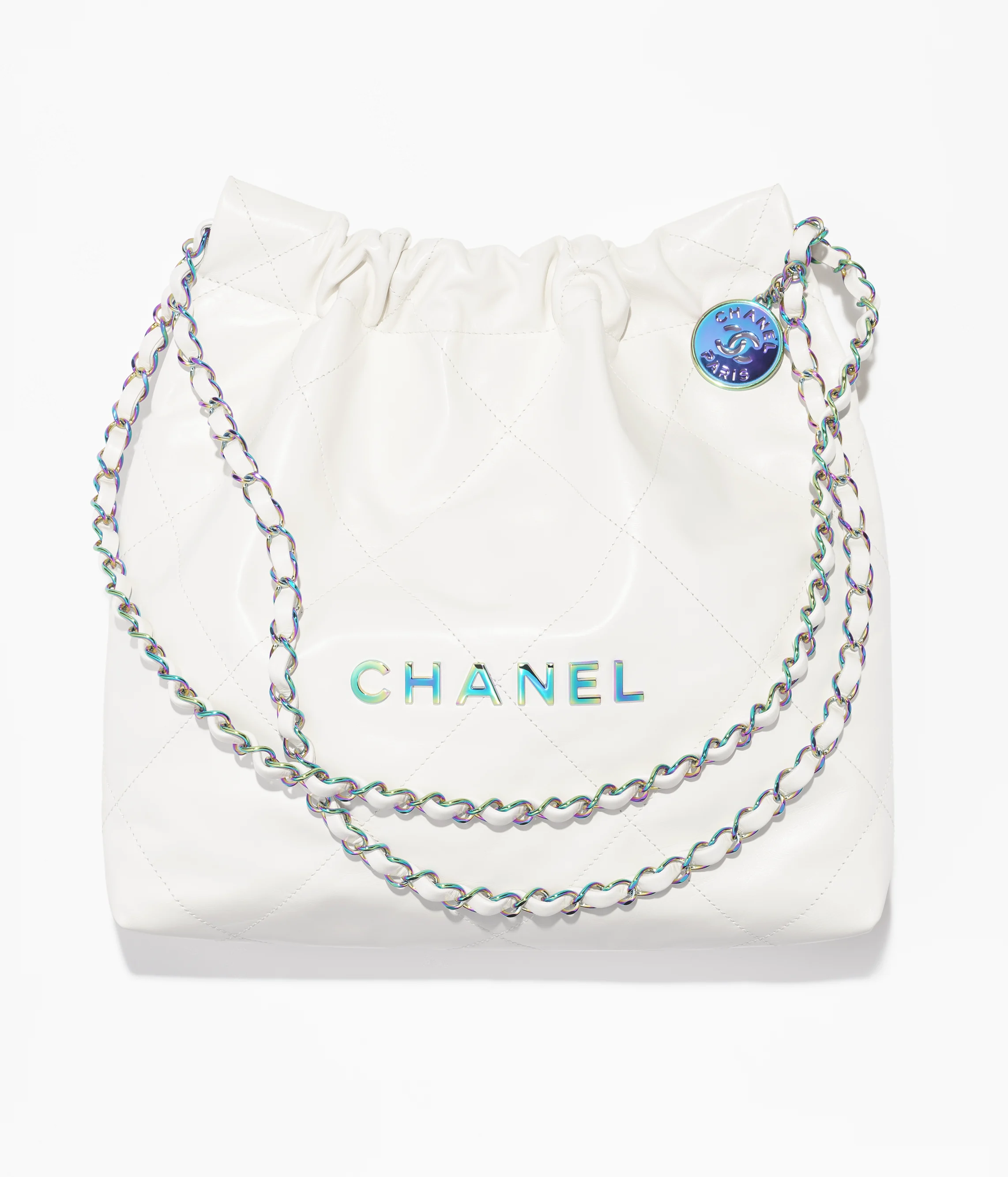 CHANEL 22 Small Handbag Shiny Calfskin & Rainbow Metal White AS3260-B15000-10601