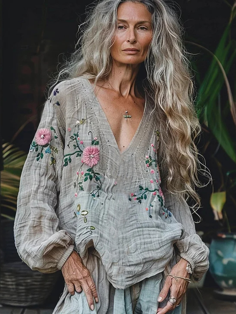 Retro Bohemian Floral Linen Art Print Long Sleeve V-neck Shirt